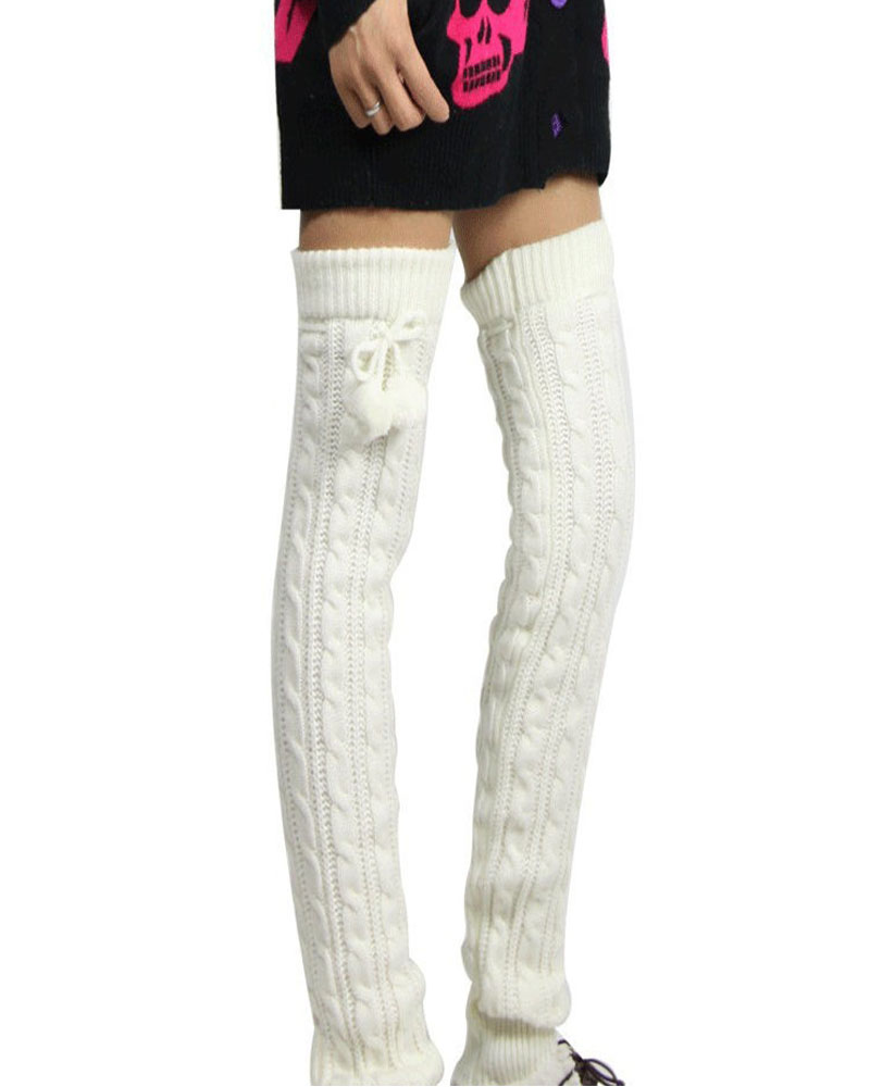 

Cable Knit Leg Warmers Over Knee Thigh High Footless Socks, White