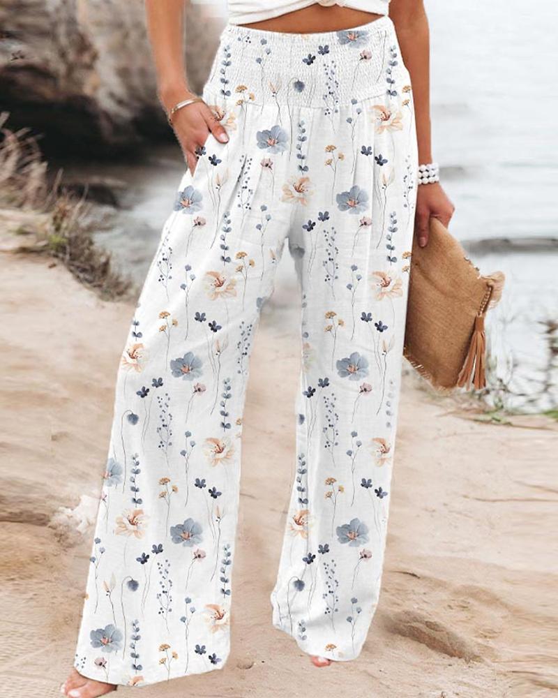 Floral Print Pocket Design Wide Leg Pants