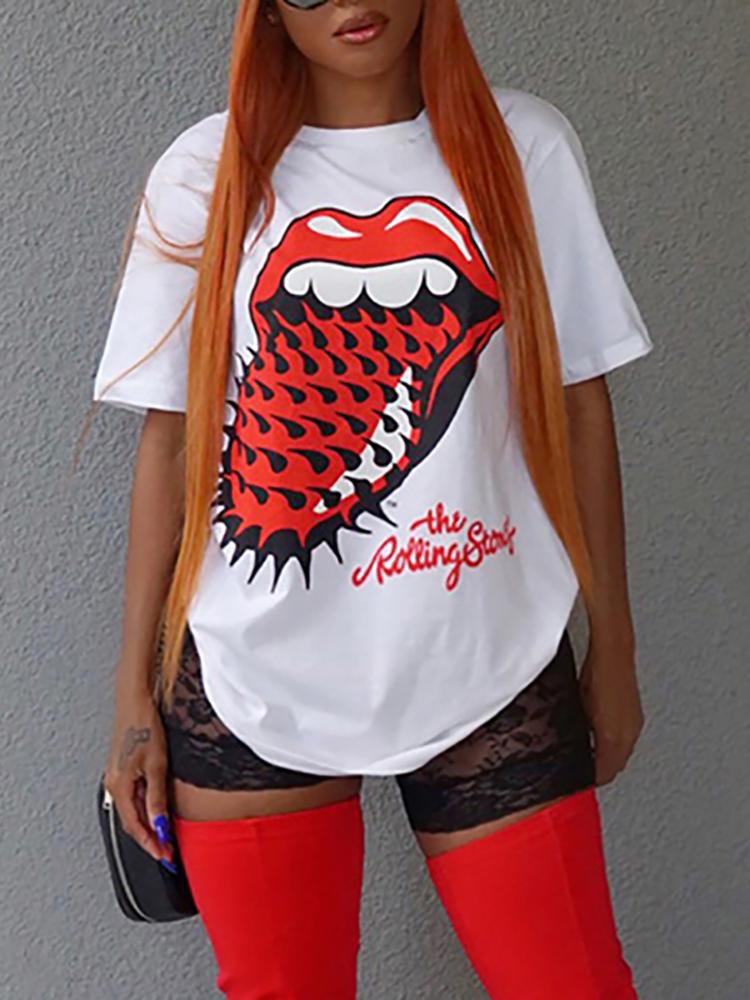 

Punk Style Rivet Mouth Print Casual T-shirt, White