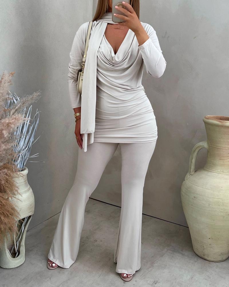 

Long Sleeve Cowl Neck Top & Pants Set With Scarf, White