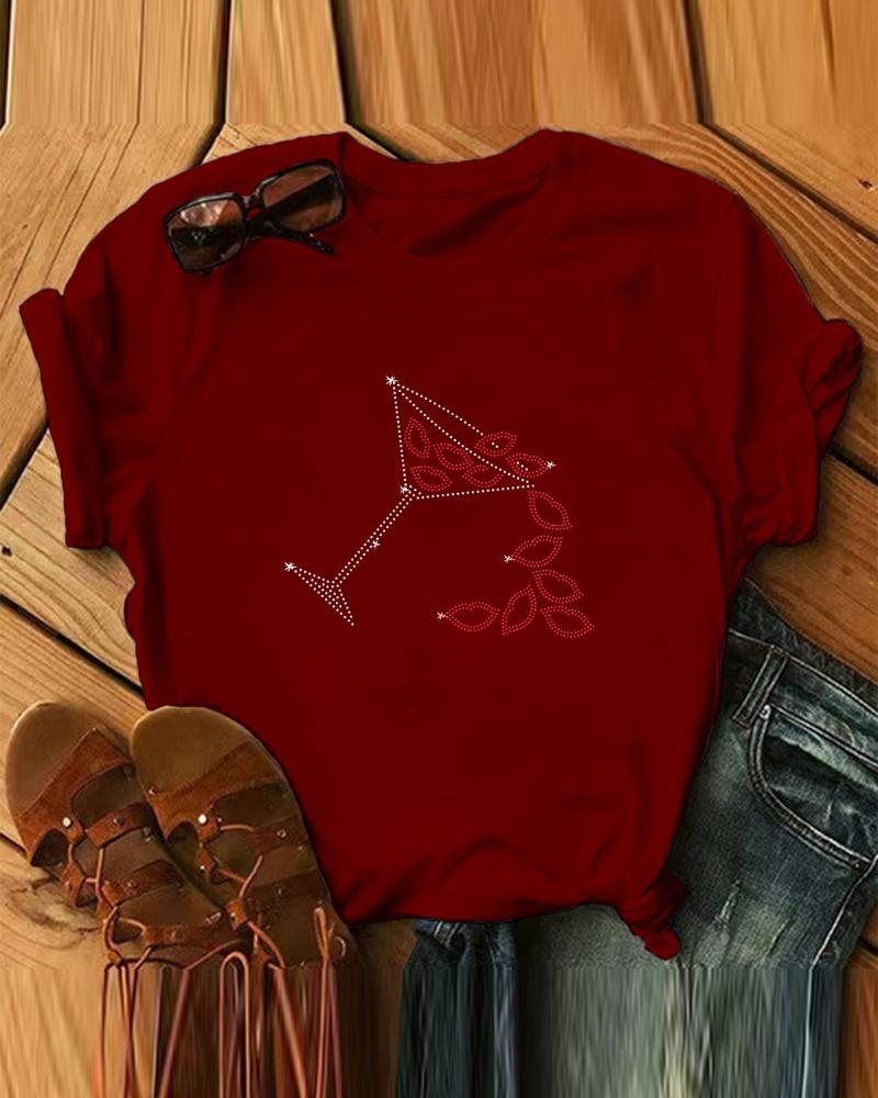 

Christmas Rhinestone Wine Glass Lip Pattern Casual T-shirt, Wine red