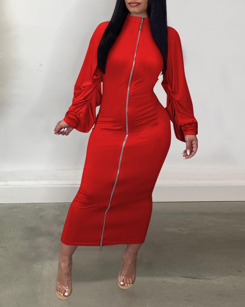 

Ruched Lantern Sleeve Zip Front Bodycon Dress, Red