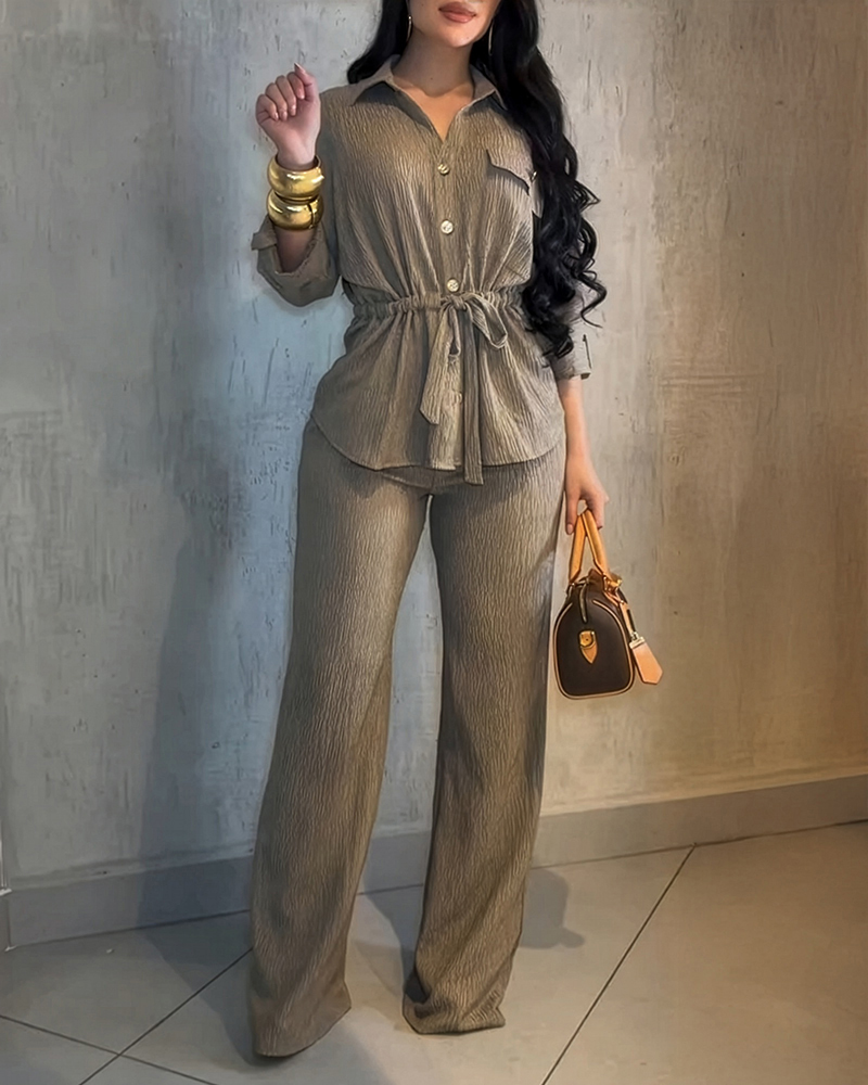 

2 Pieces Outfit Vintage Turn-down Collar Roll Up Sleeve Button Front Flap Pocket Design Waist Drawstring Top and Elastic Waist Wide Leg Pants Set Casual Textured Commuting Set, Khaki