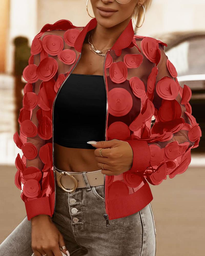 

Floral Pattern Sheer Mesh Baseball Collar Coat Zip Up See Through Casual Jacket, Red