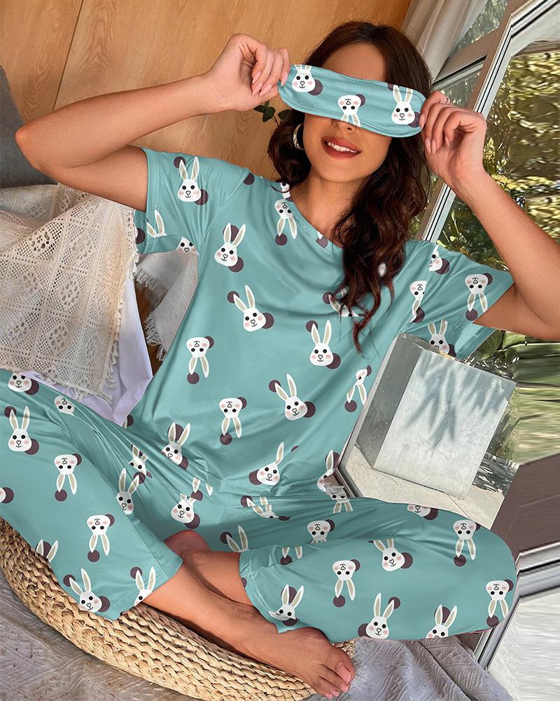 

Rabbit Print Round Neck Pajamas Set, Green