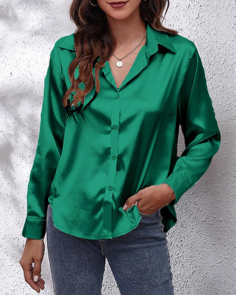 

Satin Long Sleeve Buttoned Shirt, Green
