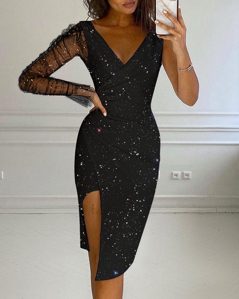 

Glitter Sheer Mesh High Slit Ruched Party Dress, Black
