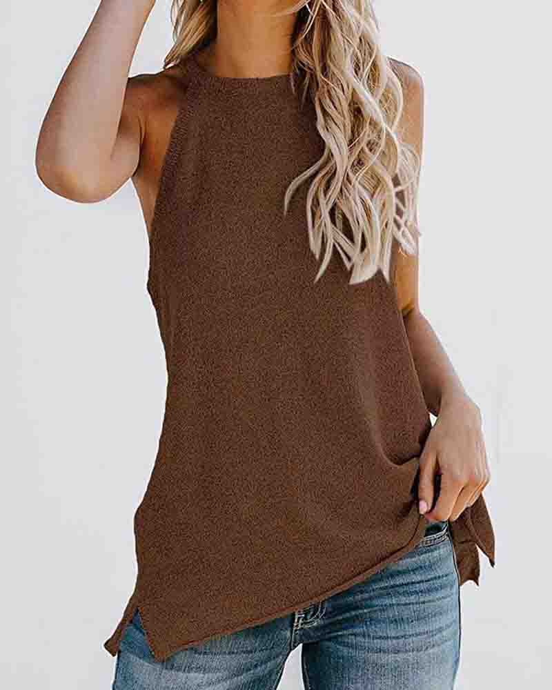 

Sleeveless Plain Side Slit O-neck Top, Coffee