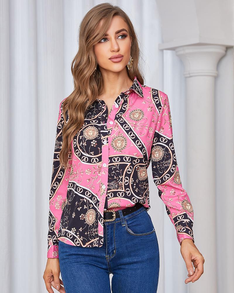 

Baroque Print Button Up Long Sleeve Shirt, Pink