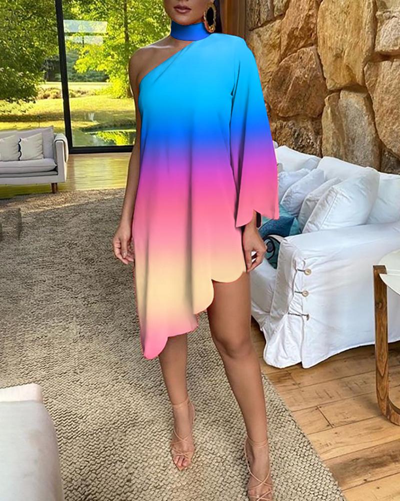 Ombre One Shoulder Asymmetrical Casual Dress