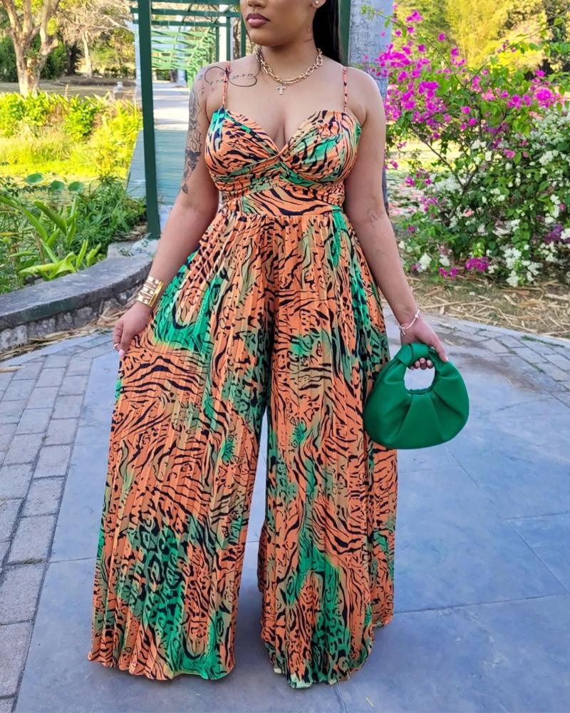 

Animal Print Backless Pleated Jumpsuits, Green