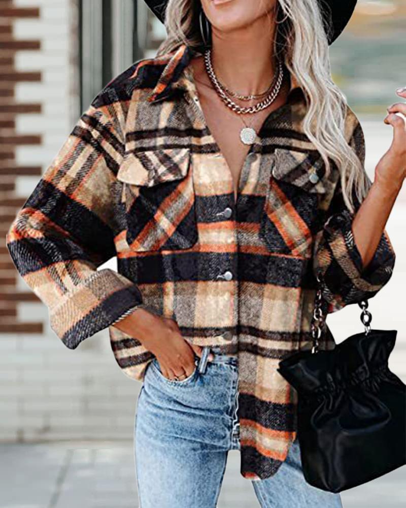 

Plaid Print Long Sleeve Button Down Shacket, Apricot