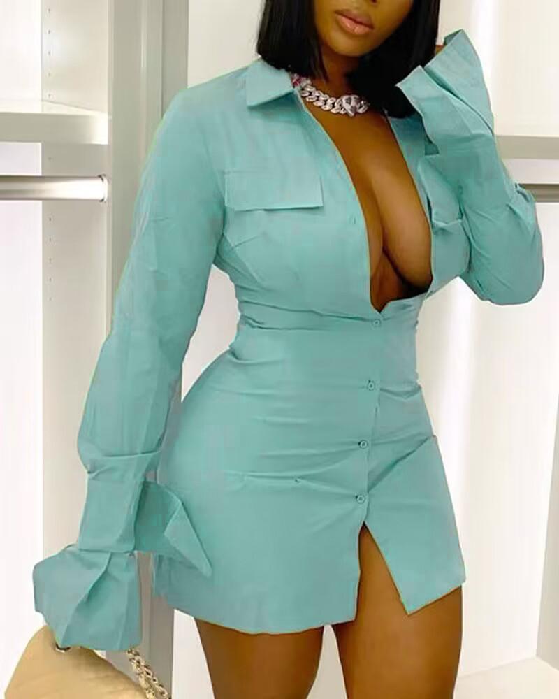 

Long Sleeve Button Down Shirt Dress, Green
