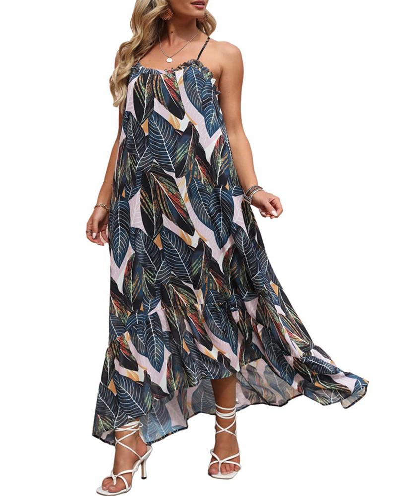 

Plants Print Sleeveless Frill Hem Maxi Dress, Green