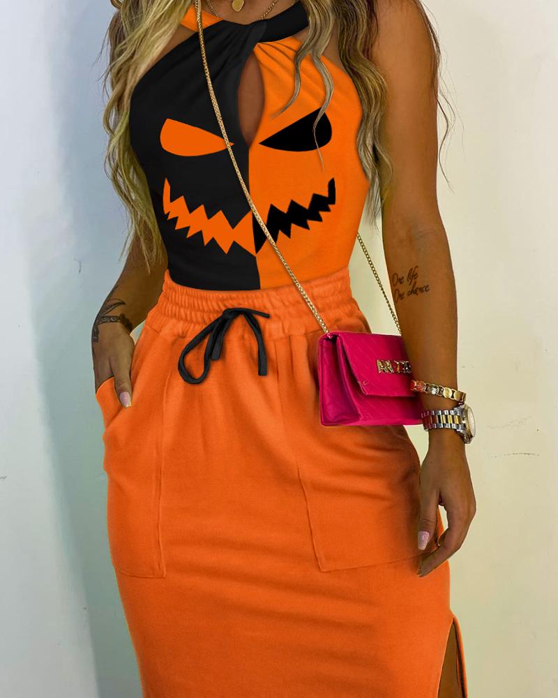 

Halloween Graphic Print Split Hem Casual Dress, Orange