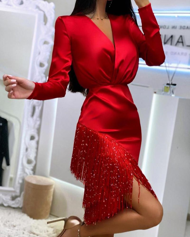 

Plain Wrap Tassel Design Long Sleeve Dress, Red