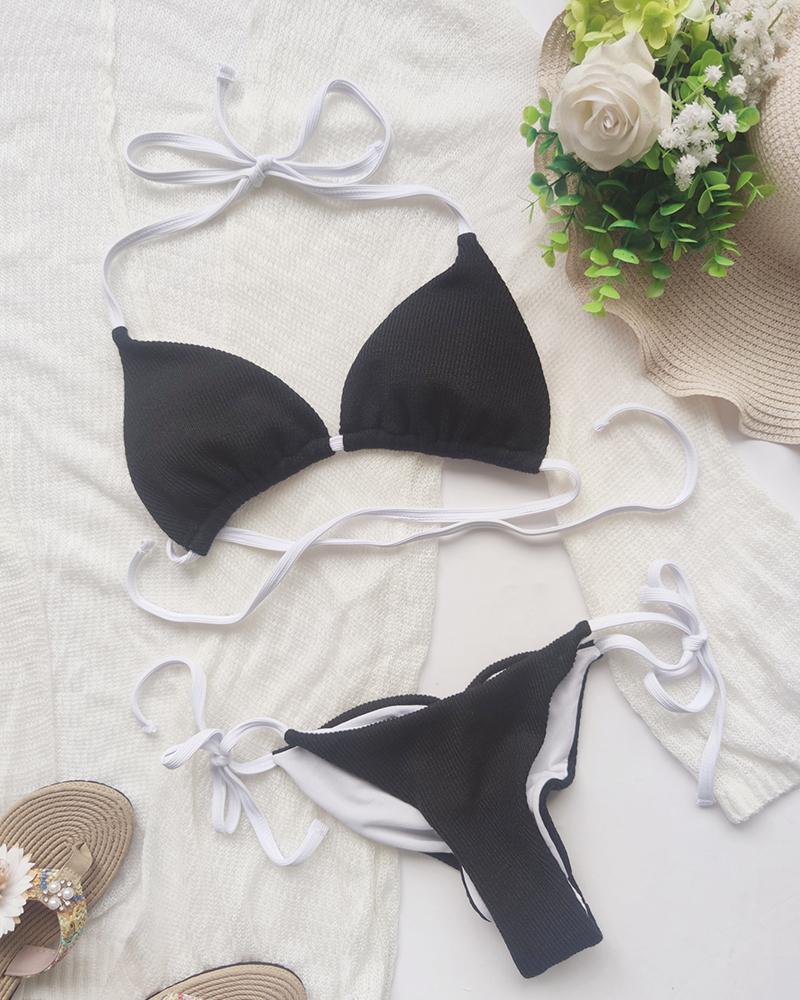 

Tie Neck Ruched Tied Detail Bikini Set, Black