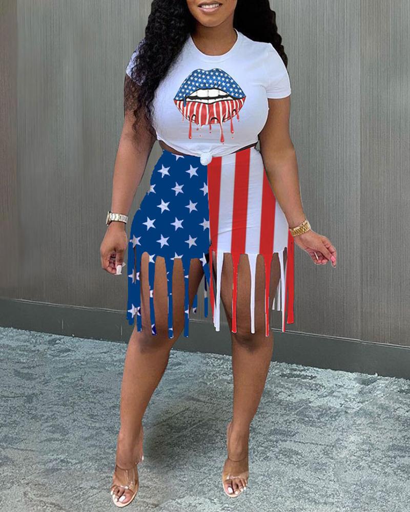 

Flag Print Top & Tassel Design Shorts Set, Style1