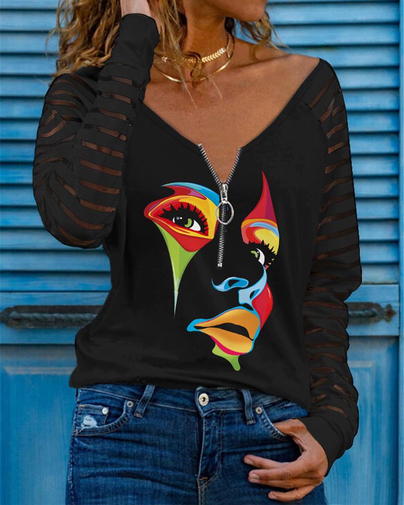 

Abstract Figure Print Zip Front Long Sleeve Top, Black