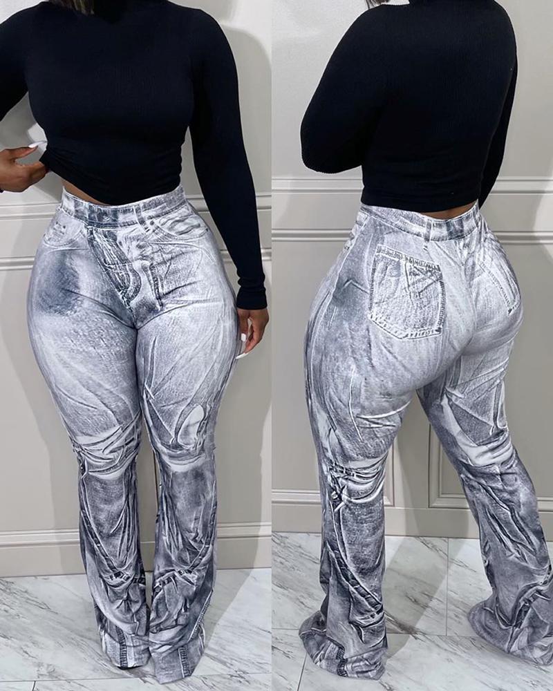 

Denim Print High Waist Pocket Design Pants, Light gray