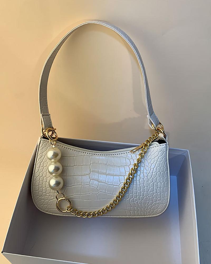 

Beaded Chain Decor Croc Embossed Baguette Bag, White