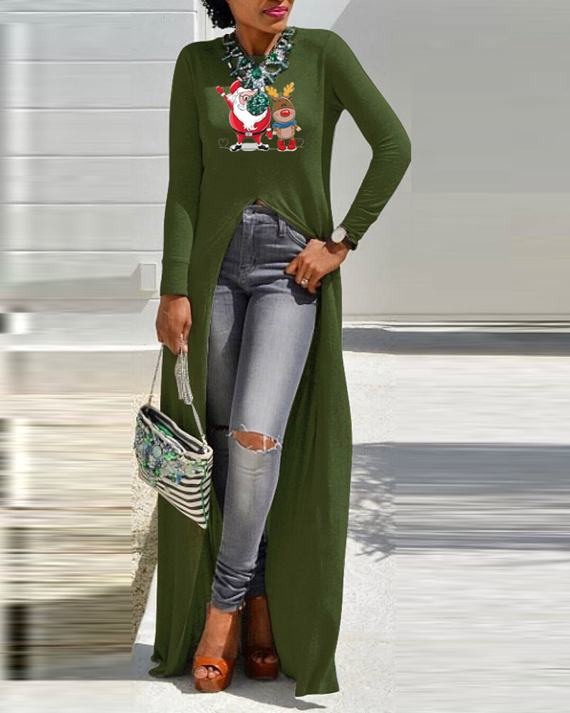 

Christmas Letter Santa Claus Print High Split Longline Top, Green