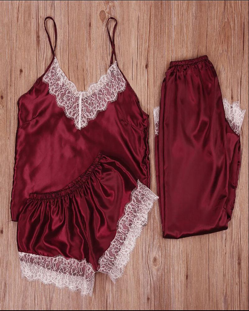 

Contrast Lace Cami Top & Shorts PJ Set, Red
