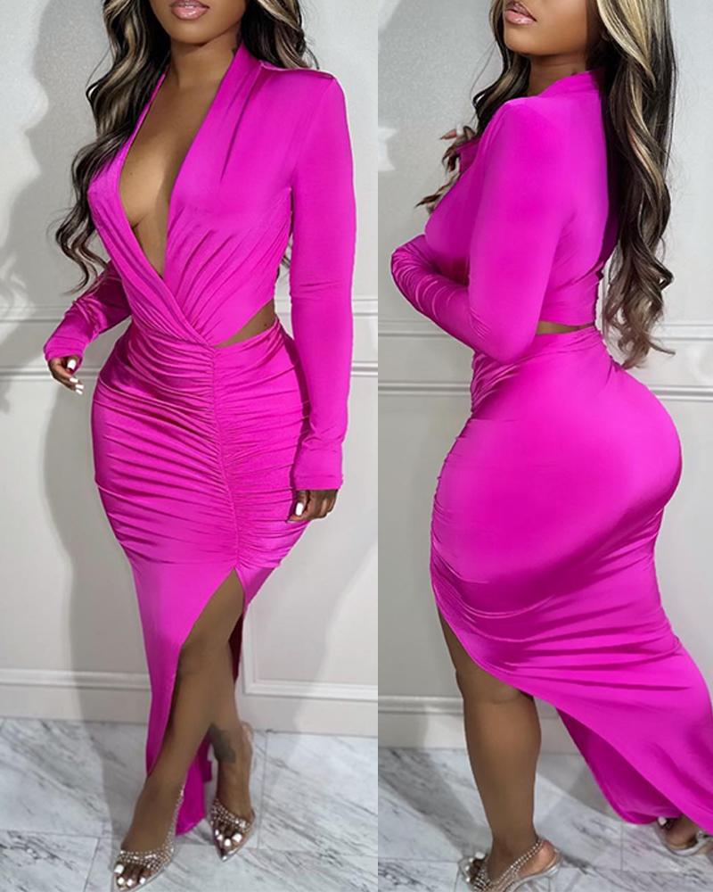 

Plunge Cutout Ruched Slit Bodycon Dress, Hot pink