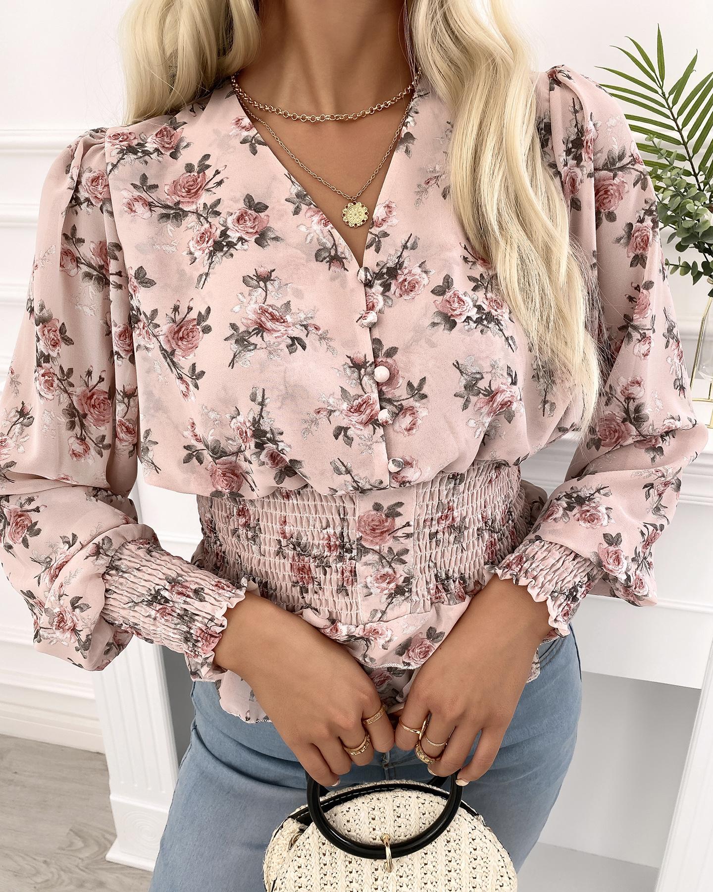 

Floral Print Puff Sleeve Button Front Shirring Top, Multicolor