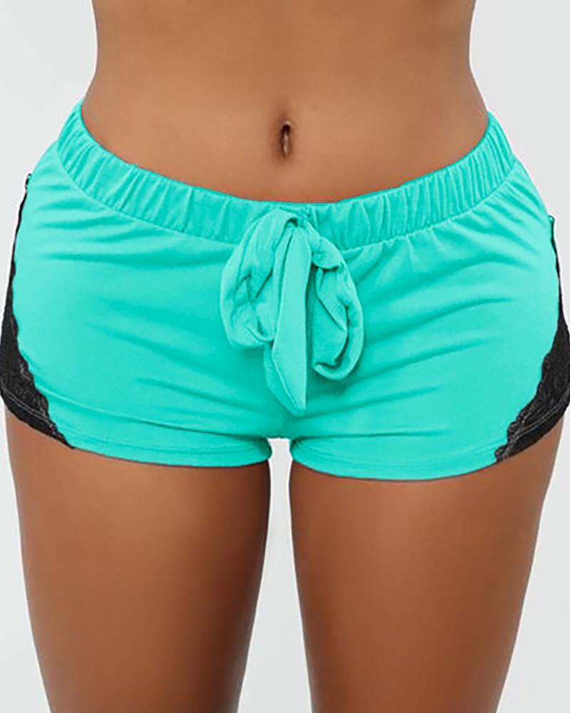 

Corchet Lace Colorblcok Drawstring Sporty Shorts, Lighted blue