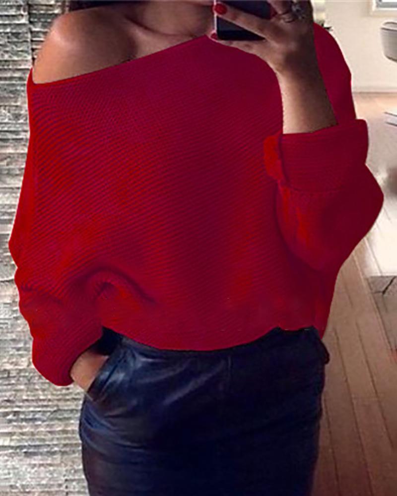 

One Shoulder Long Sleeve Knit Casual Sweater, Red