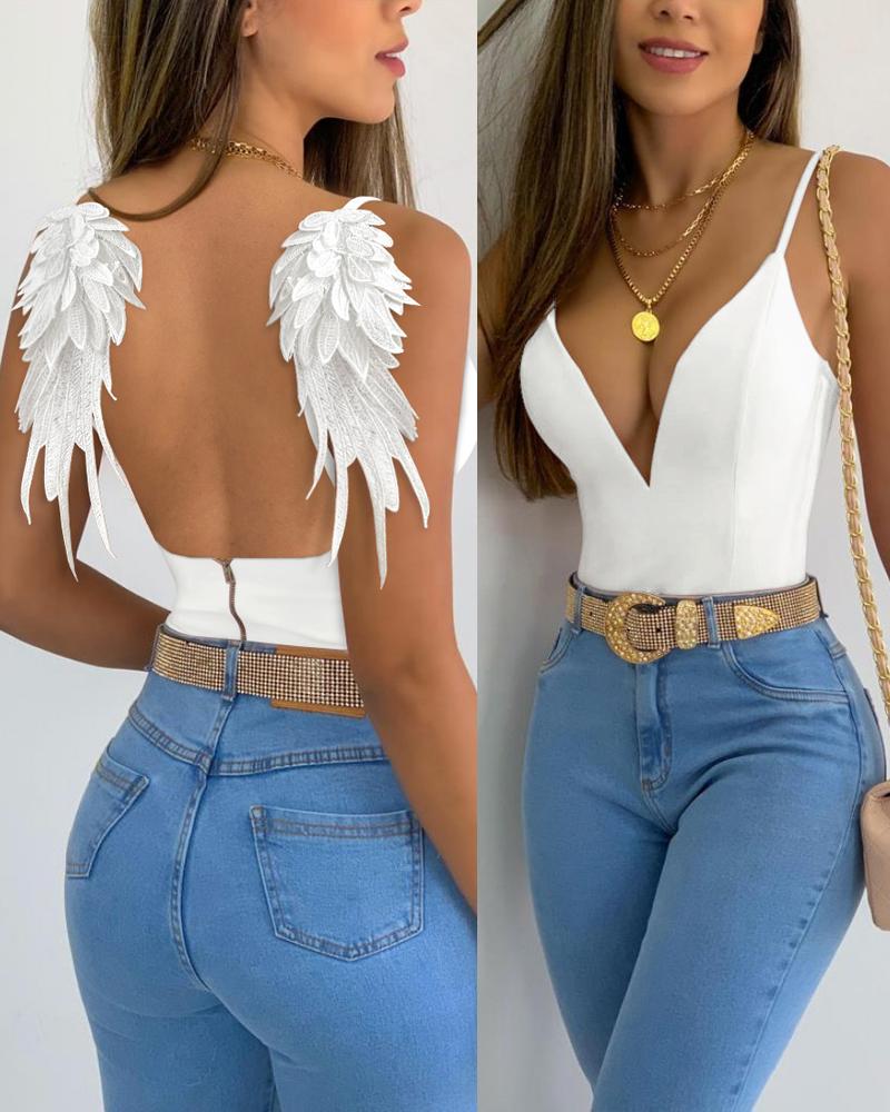 

Angel Wings Decor Backless Cami Top, White