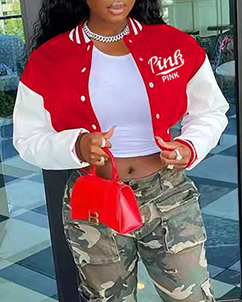 

Letter Print Striped Colorblock Buttoned Baseball Jacket, Red