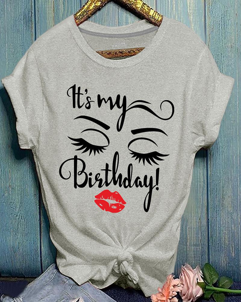 

Letter / Lip / Eyelash Print Casual T-shirt, Gray