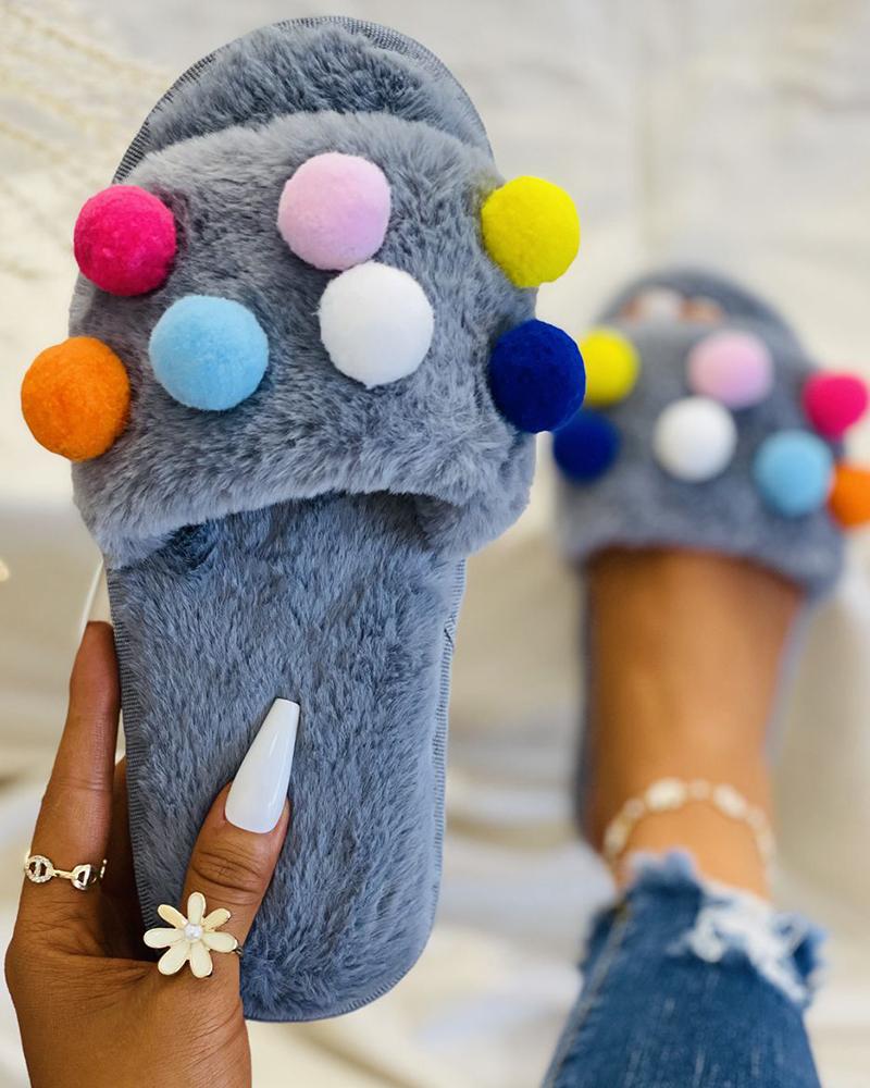 

Colorful Pom Pom Decor Fluffy Slippers, Gray
