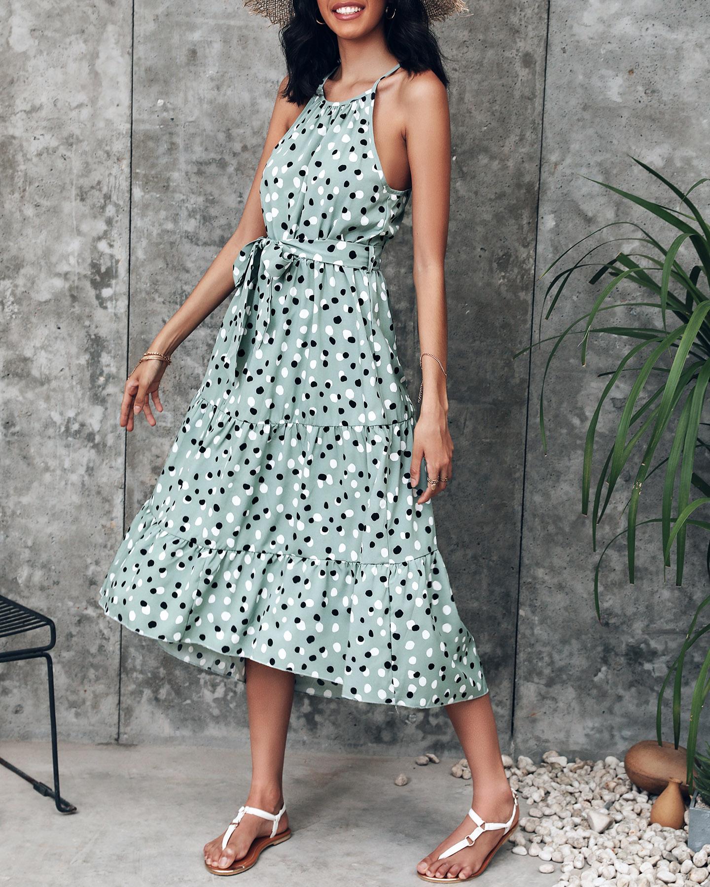 

Halter Neck Polka Dot Midi Dress, Green
