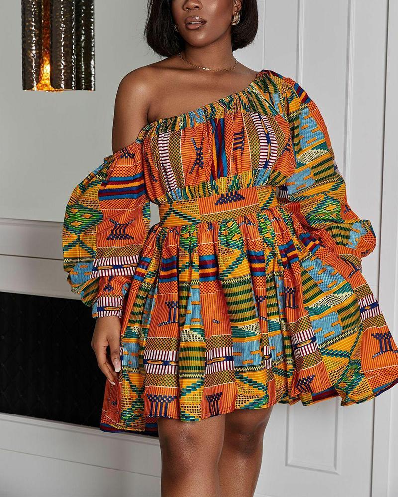 

Printing Long Sleeve Skinny Waist Mini Dress, Orange