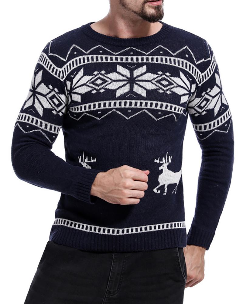 

Men Christmas Print Long Sleeve Sweater, Black