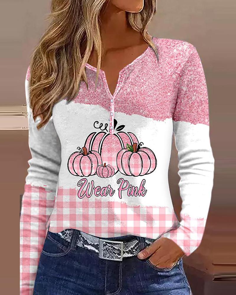 

Halloween Pumpkin Wear Pink Plaid Print Colorblock Notch Neck Top