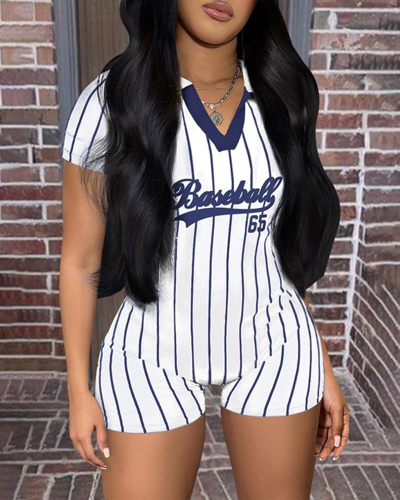 

Striped Letter Baseball Print Casual Romper, White
