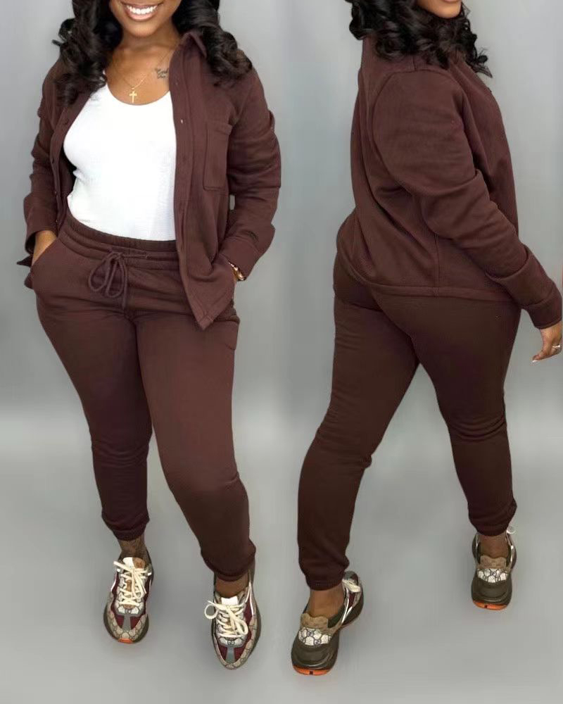 

Long Sleeve Buttoned Top & Drawstring Pants Set, Coffee