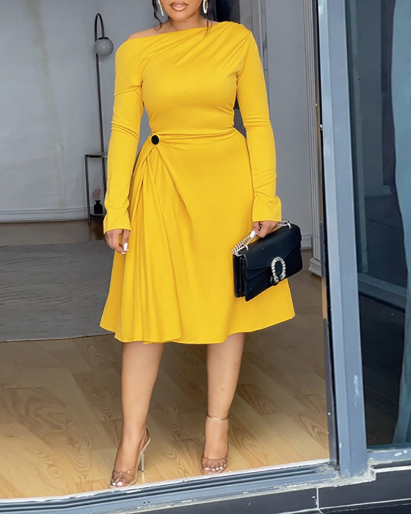 

Ruched Cold Shoulder Long Sleeve Midi Dress Casual Waist Button Decor A Line Dress, Yellow