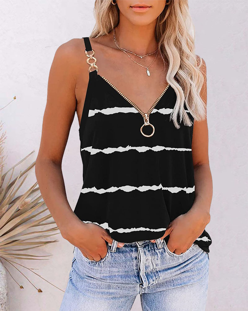 

Striped Print Chain Strap Zip Front Casual Tank Top, Black