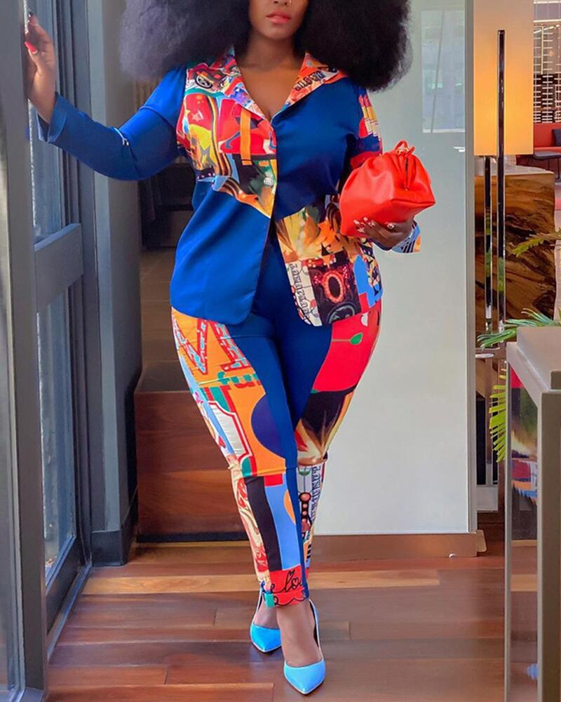 

Plus Size Graphic Print Single Button Blazer & Pants Set, Blue