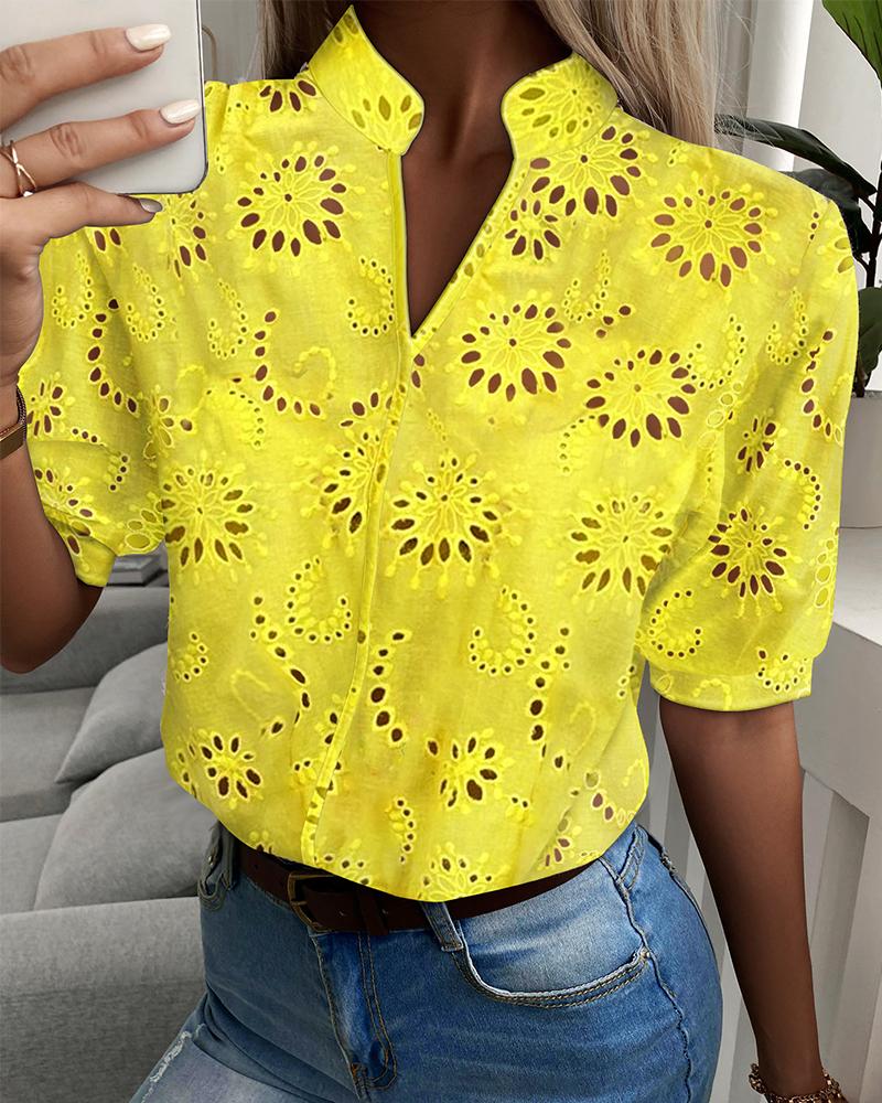 

Eyelet Embroidery V-Cut Casual Top, Yellow