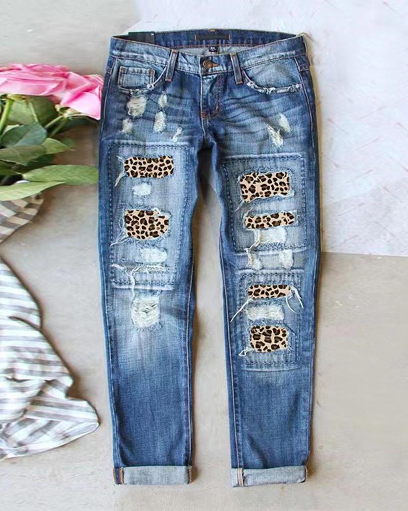

Leopard Print Patchwork Ripped Jeans, Blue