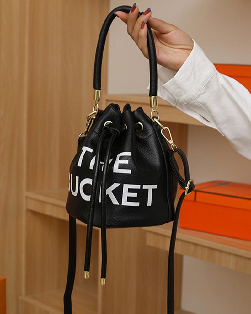 

Letter Pattern Drawstring Bucket Bag, Black