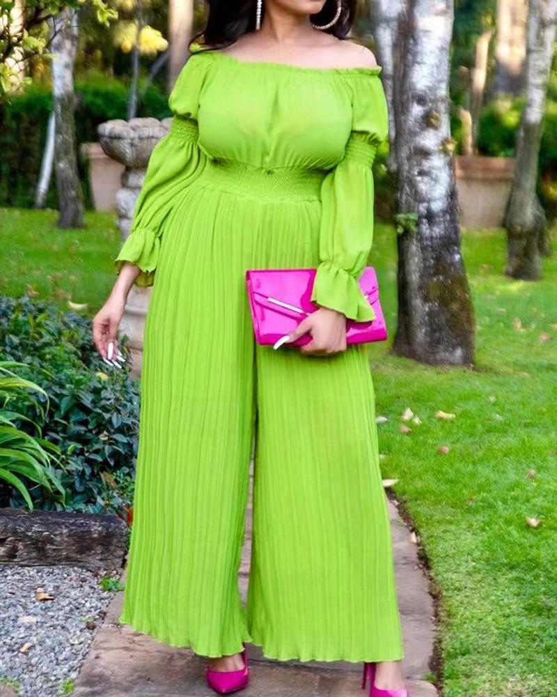 

Plus Size Off Shoulder Shirred Pleated Wide Leg Jumpsuit, Green
