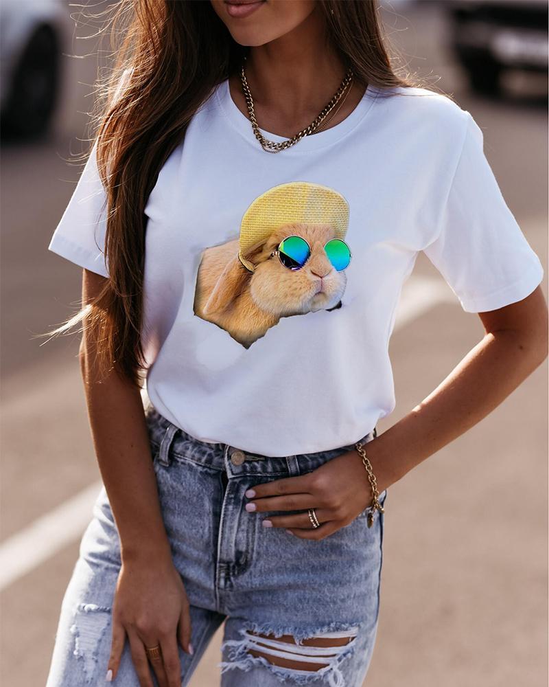 

Easter Glasses Rabbit Print Short Sleeve Loose T-shirts, White