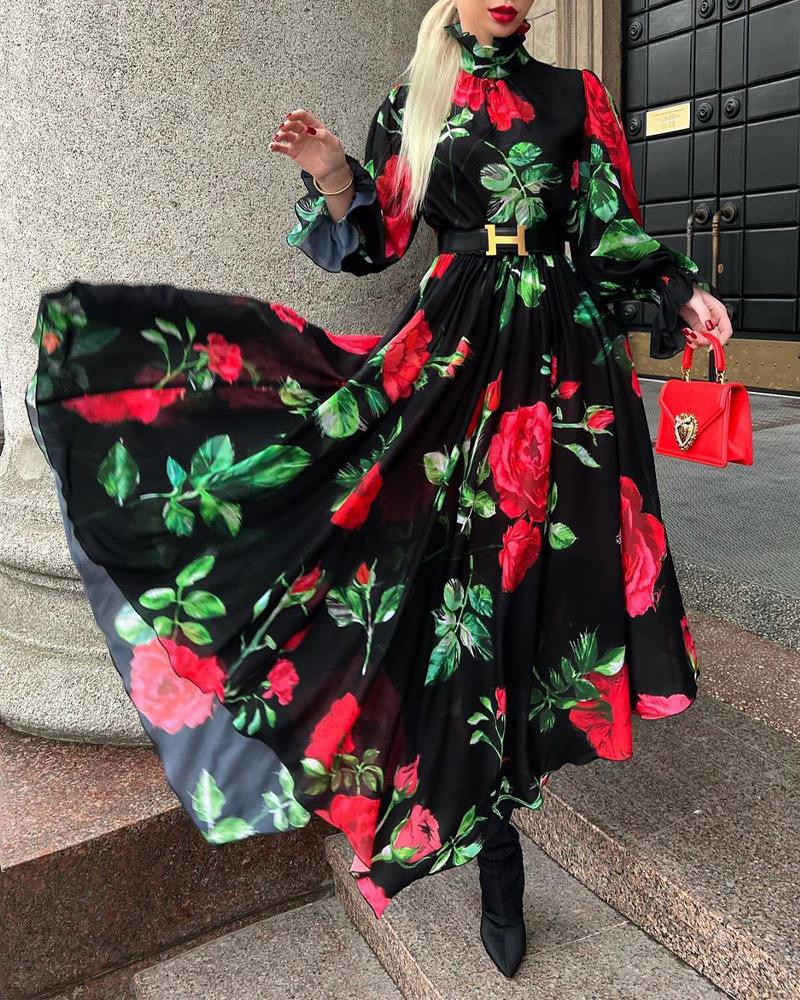 

High Neck Flounce Sleeve Floral Print Maxi Dress, Black